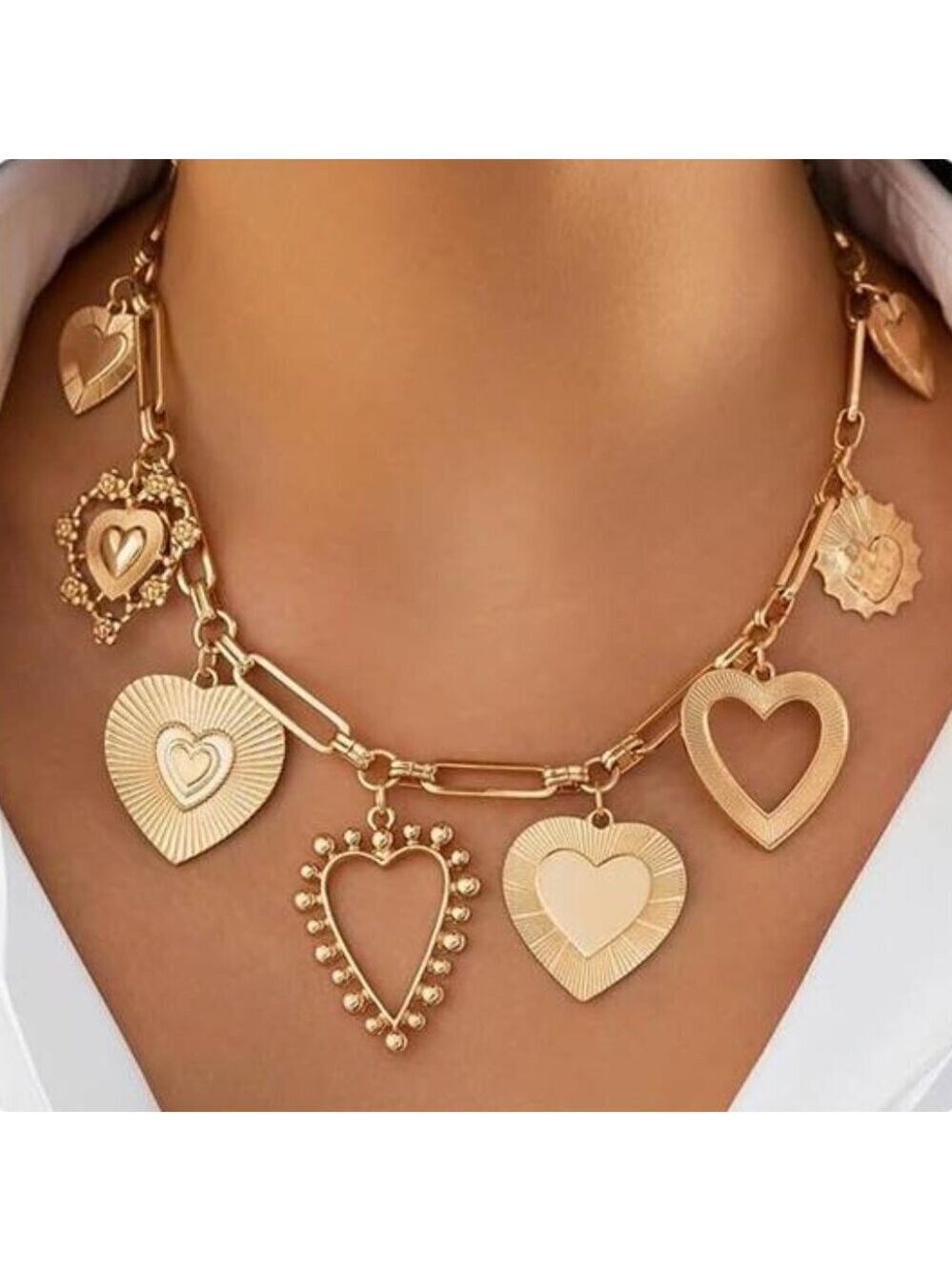 Chunky Heart Pendant Charm Statement Necklace Gold Tone Fashion Layered Jewelry